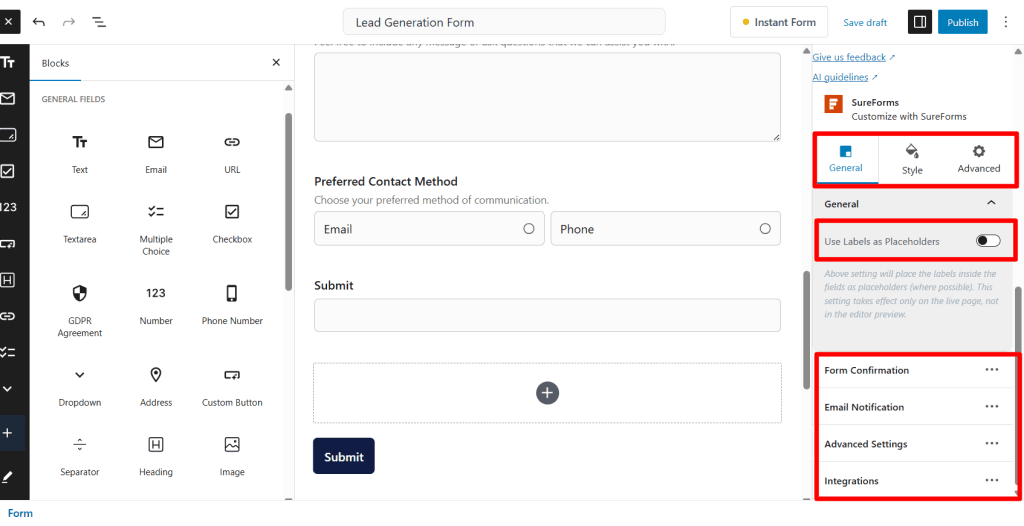 SureForms form customization panel example
