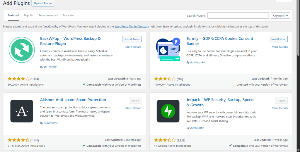WordPress plugin page in admin dashboard
