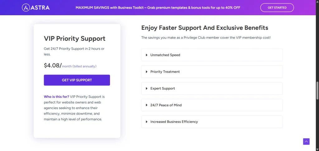 Astra VIP Support details page