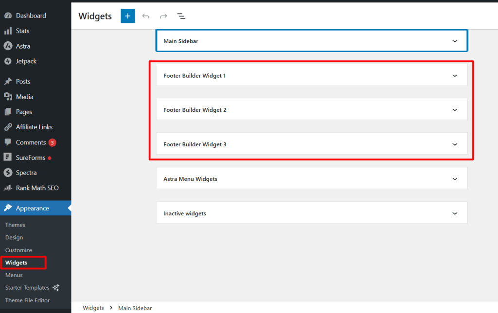 Footer widget in the Astra theme