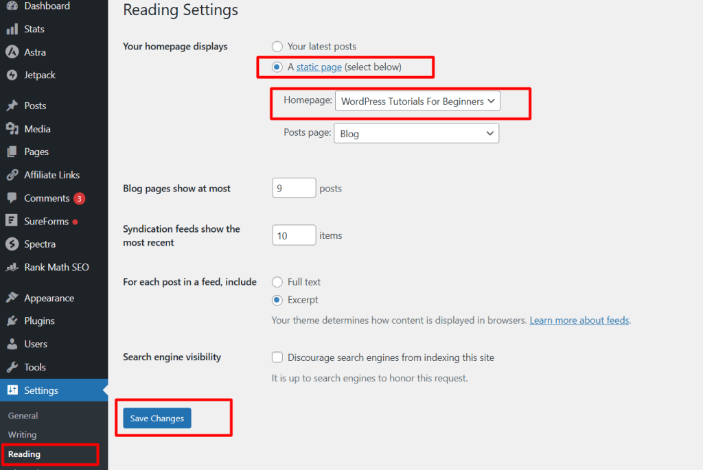 Reading page settings in WordPress - Choosing your homepage