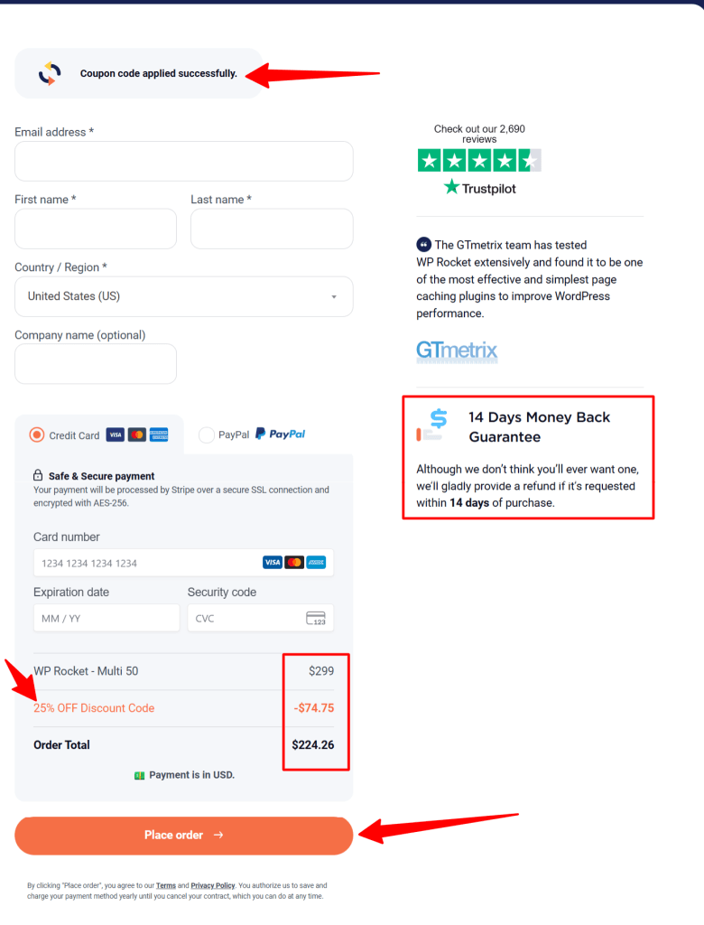 WP Rocket checkout with 25% discount applied