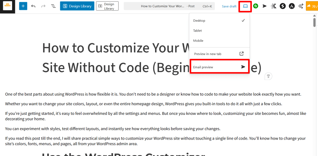 WordPress editor email preview button