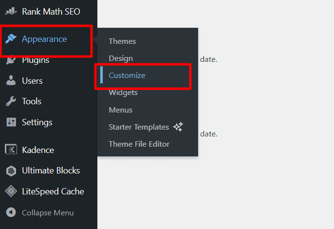WordPress menu - Appearance - Customize