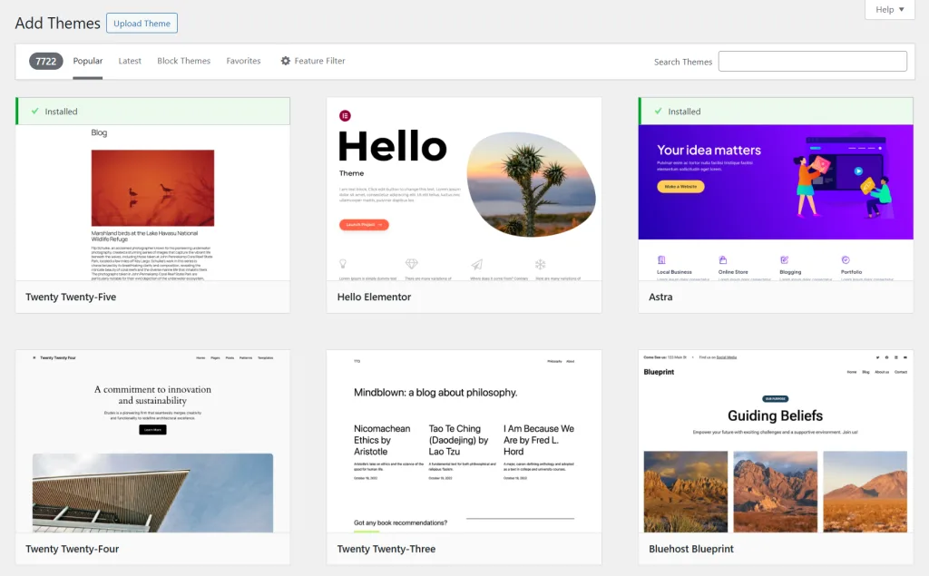 WordPress theme directory in admin dashboard