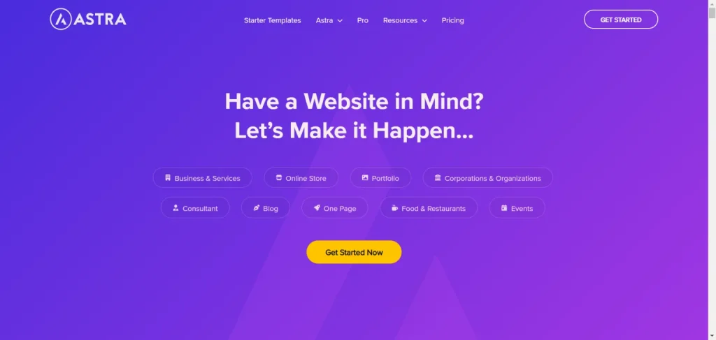 Astra theme landing page featuring website categories like business, blog, and online store on a purple gradient background.