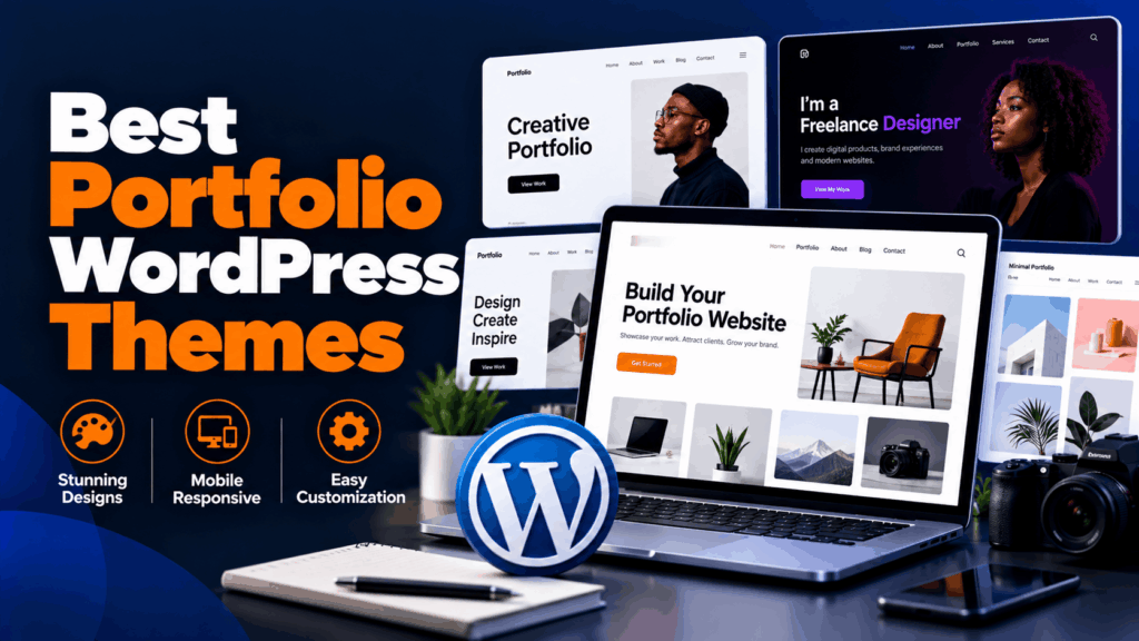 Best portfolio WordPress themes displayed on multiple website designs across laptop and desktop screens, showcasing creative layouts, responsive design, and customization options.