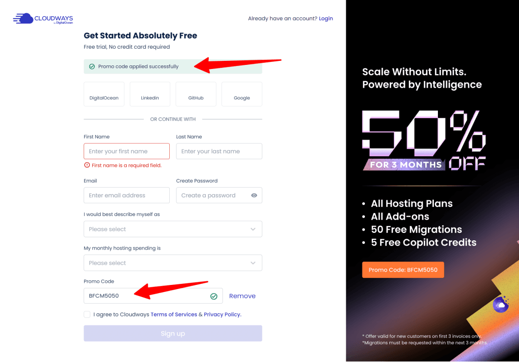 Cloudways BFCM 2025 Signup page