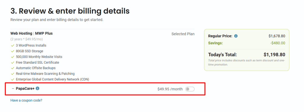 HostPapa hsoting account puchase details with PapaCare addon