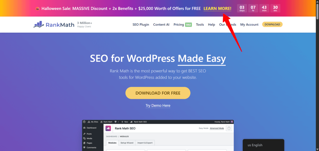 RankMath Halloween sale page with CTA button