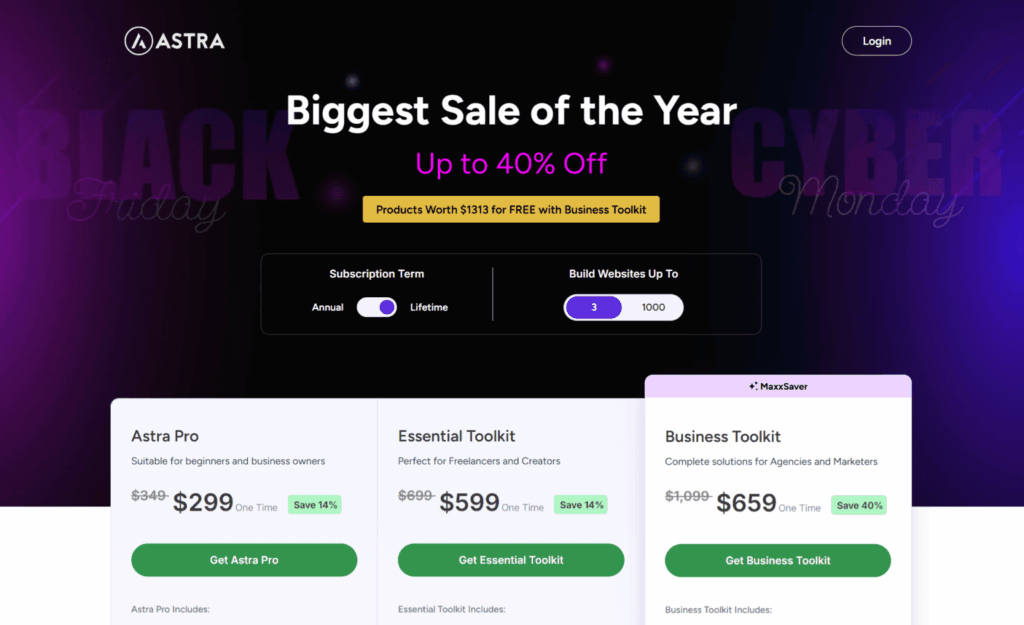 astra black friday and cyber monday deals Astra Theme homepage displaying web design toolkit hero section with call to action button.