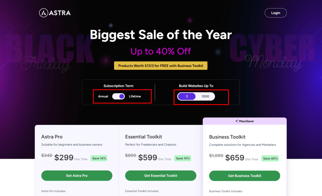 astra pricing plans and website license limits Astra Black Friday sale pricing page showing annual and lifetime subscription options and website license limits for Astra Pro, Essential Toolkit, and Business Toolkit.