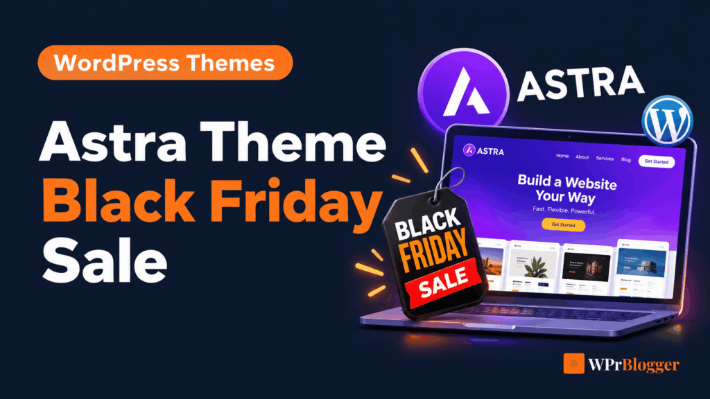 astra theme black friday sale best discounts Laptop showcasing Astra Theme website templates alongside Black Friday sale tag and WordPress branding.
