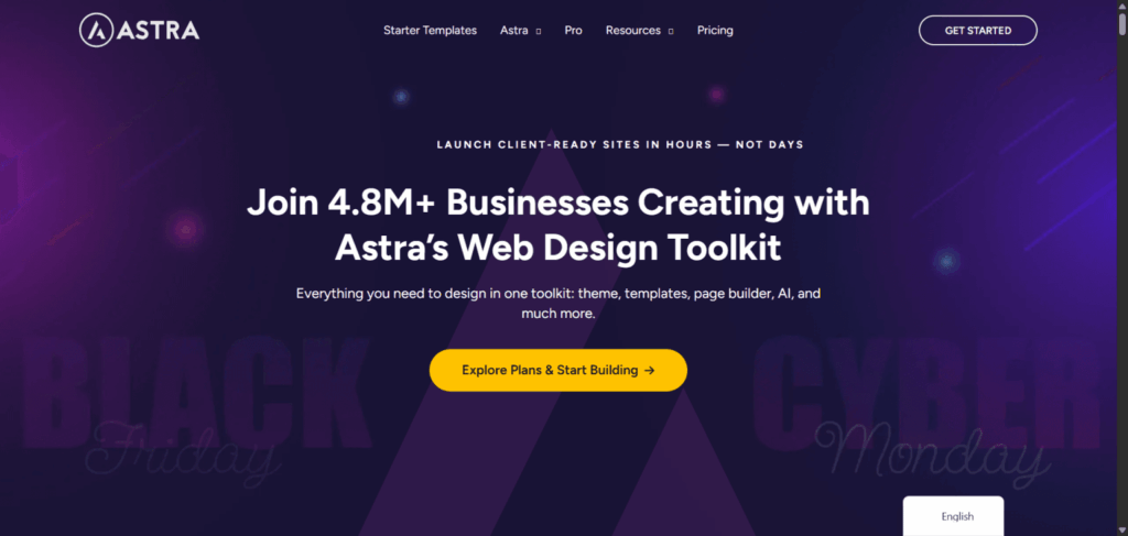 astra wordpress theme homepage Astra Theme homepage displaying web design toolkit hero section with call to action button.