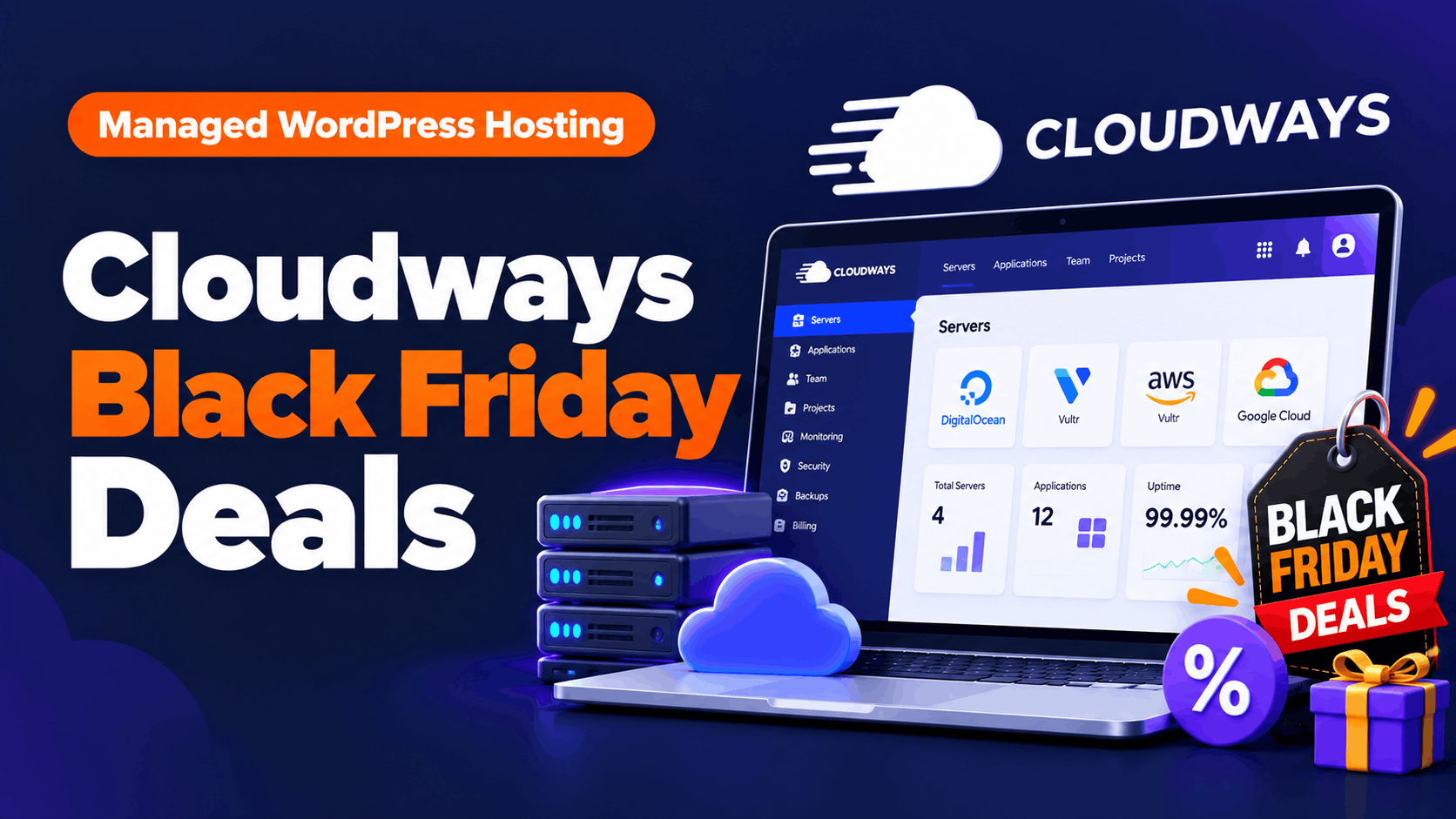 Cloudways Black Friday deals featured image showing the Cloudways hosting dashboard on a laptop, cloud server graphics, and a discount tag.