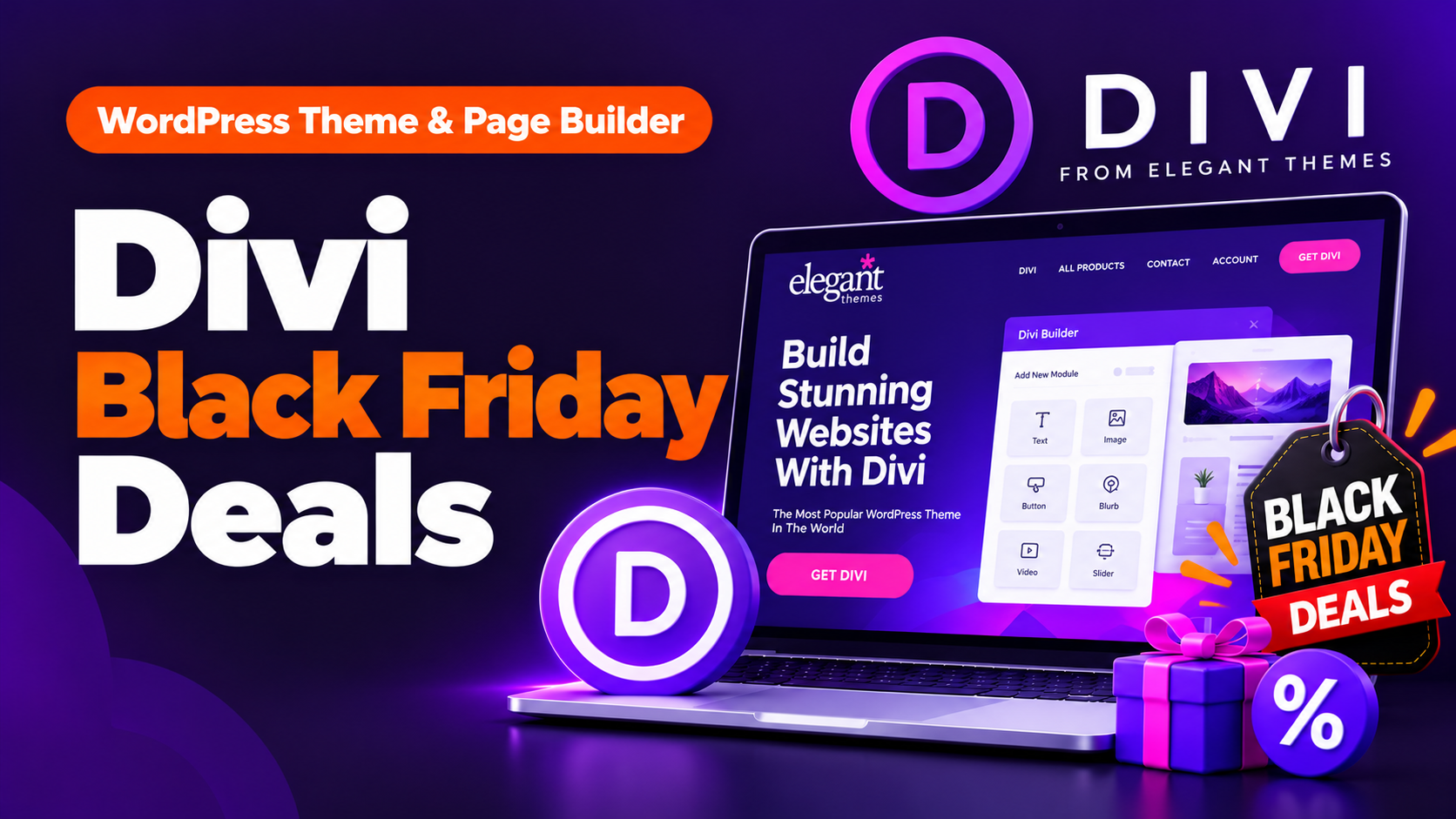 Divi Black Friday deals banner featuring the Divi WordPress theme and page builder on a laptop, a Black Friday discount tag, a gift box, and a percentage symbol.
