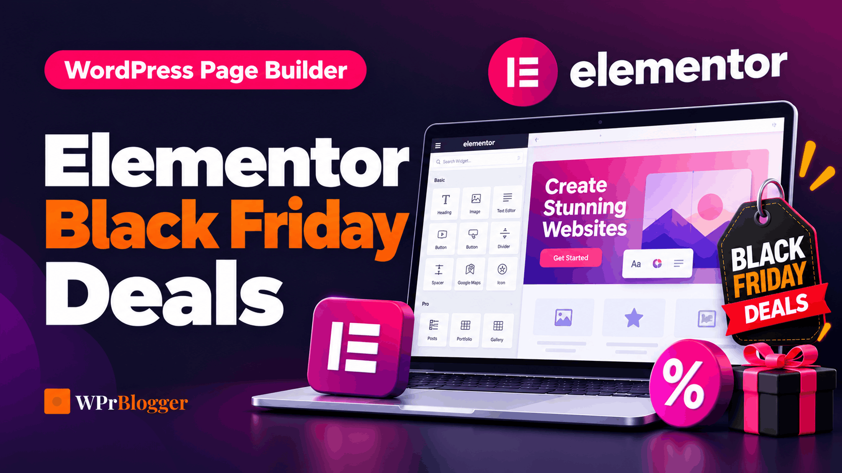 Elementor Black Friday deals banner featuring the Elementor page builder interface on a laptop, a Black Friday discount tag, a percentage symbol, and a gift box.