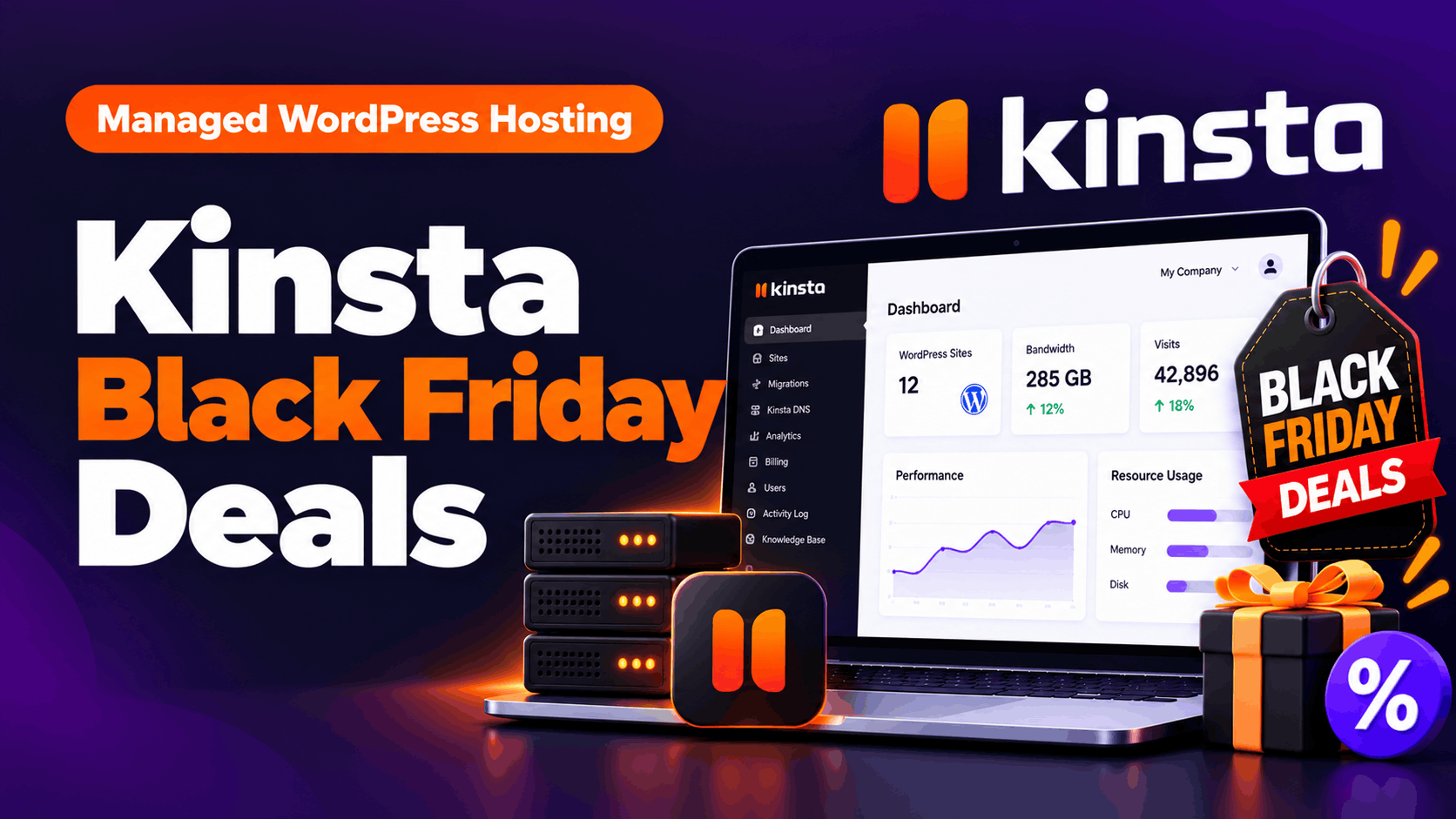 Kinsta Black Friday deals banner featuring the managed WordPress hosting dashboard on a laptop, server graphics, a Black Friday discount tag, and a gift box.