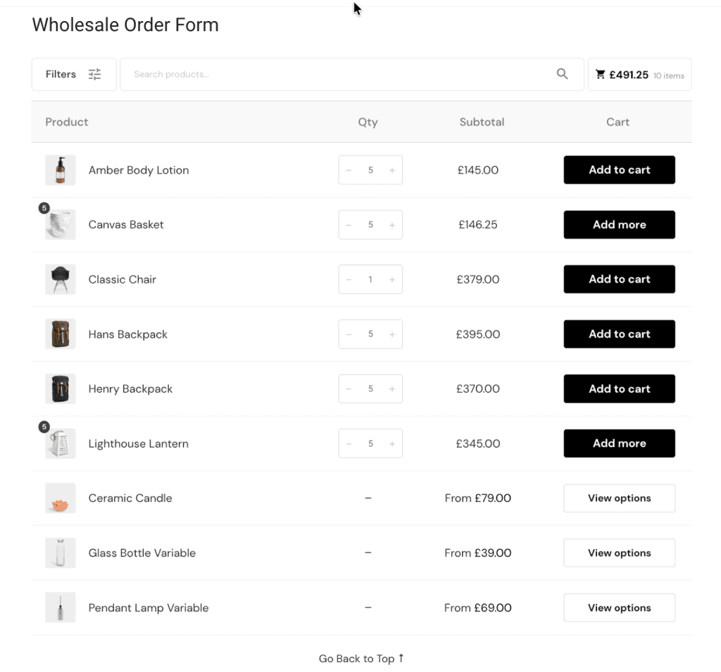 b2bking woocommerce wholesale bulk order form Wholesale order form displaying a product list with quantity selectors and subtotal prices.