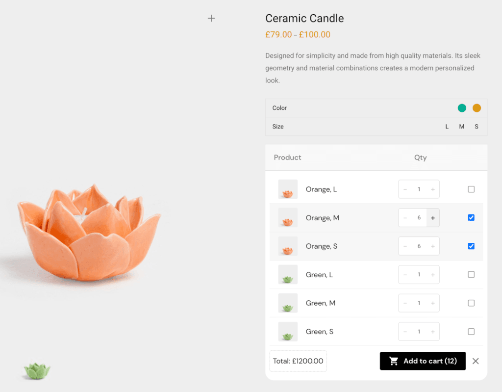 b2bking woocommerce wholesale bulk variation selector Ceramic Candle product page showing an orange lotus-shaped candle and a bulk selection table for different colors and sizes.