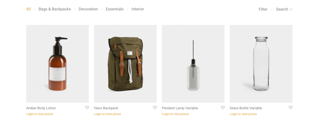 b2bking woocommerce wholesale login to view prices Product catalog page for B2Bking wholesale store with a "Login to view prices" restriction on all items.