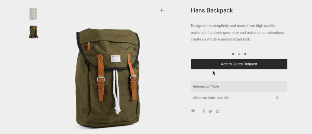 b2bking woocommerce wholesale request a quote feature Hans Backpack product page featuring a green rucksack and an "Add to Quote Request" button with a minimum order quantity of 5.