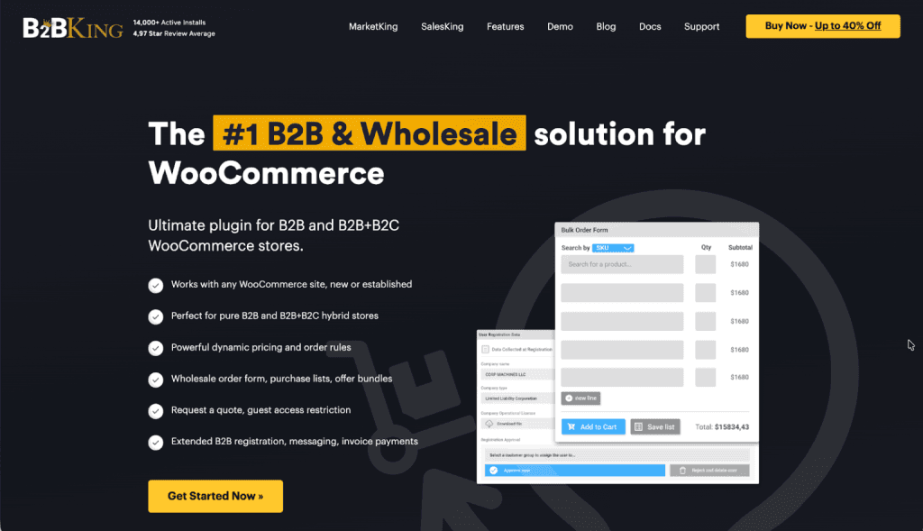 b2bking woocommerce wholesale solution plugin features B2BKing homepage showcasing WooCommerce wholesale solutions with feature highlights and a bulk order form preview.