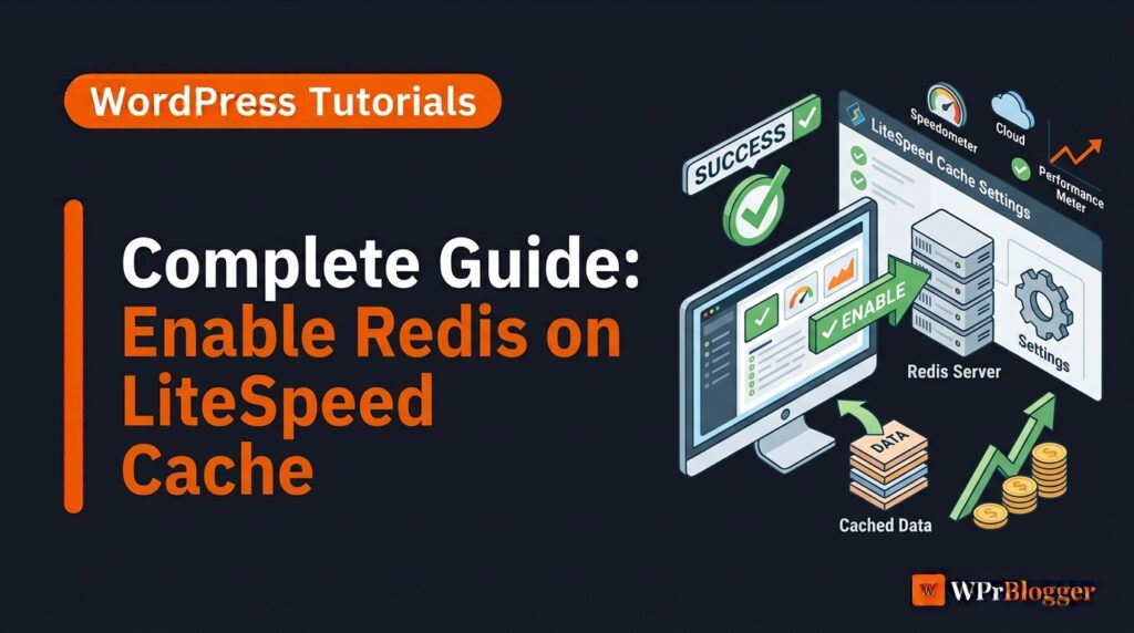 Complete guide enable Redis on LiteSpeed Cache blog post banner graphic showing server settings and cached data flow.