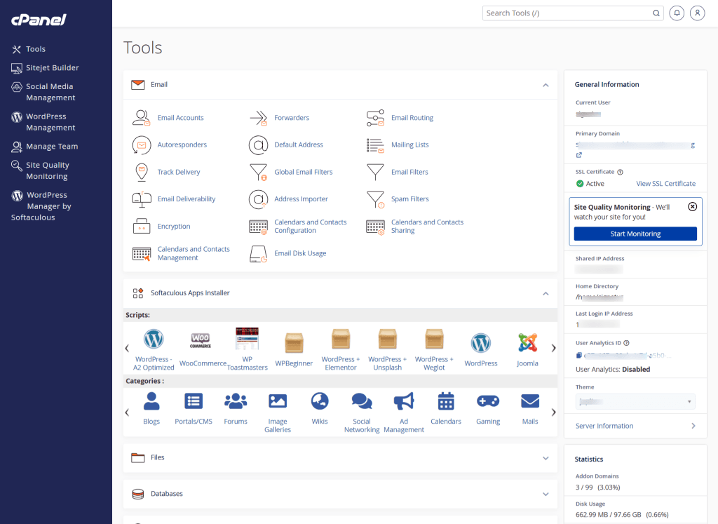 cPanel tools interface showing email management options and Softaculous Apps Installer for WordPress and Joomla.