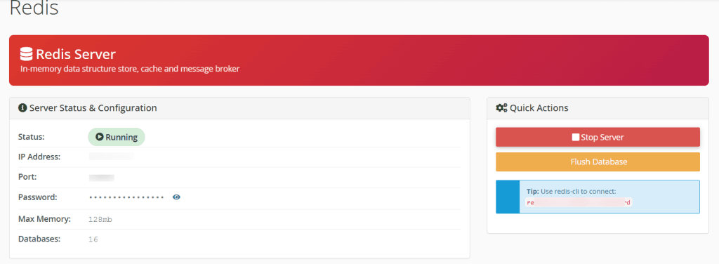 cPanel Redis Server interface showing status as running with options to stop server and flush database.