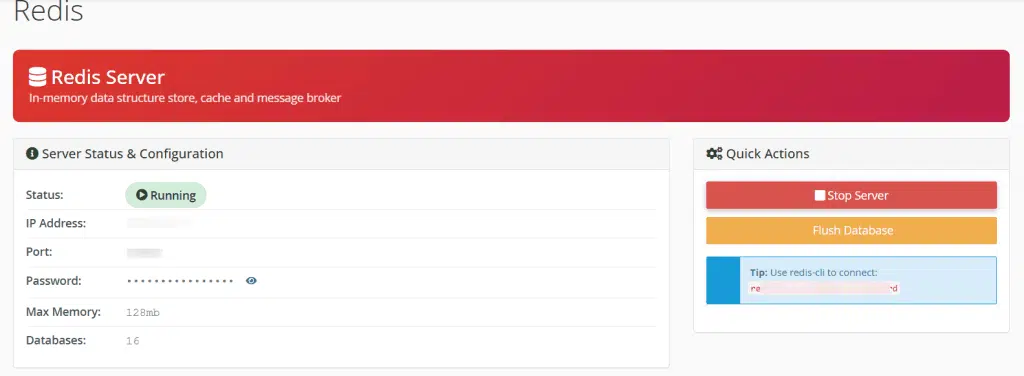 cpanel redis server configuration management cPanel Redis Server interface showing status as running with options to stop server and flush database.