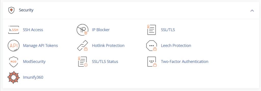 cPanel security interface displaying icons for SSH Access, IP Blocker, SSL/TLS, and Two-Factor Authentication.