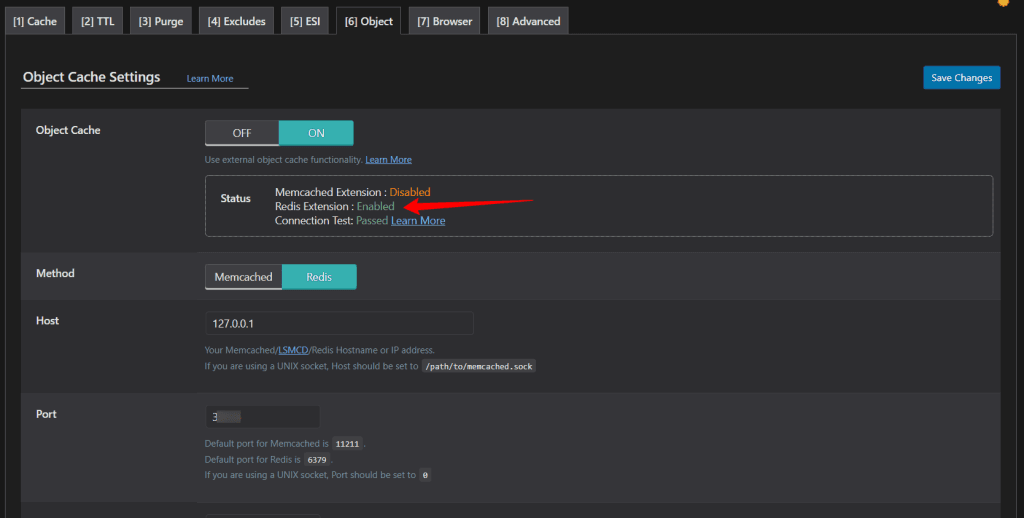 LiteSpeed Cache object cache settings interface with Redis extension enabled and connection test passed.
