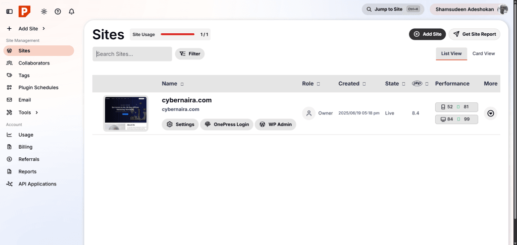 Pressable dashboard showing the site management interface with a hosted WordPress website domain.