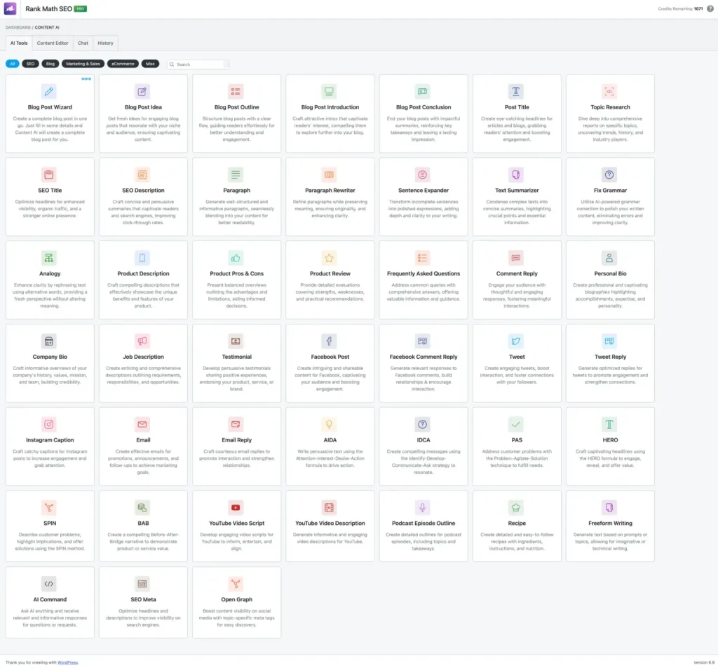 Rank Math Content AI dashboard showing a grid of AI writing tools including Blog Post Wizard, SEO Description, and Social Media captions.