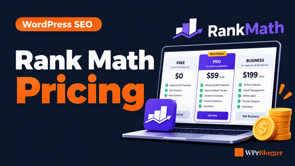 WPrBlogger featured image comparing Rank Math SEO pricing plans, including Free, Pro, and Business subscriptions with their features and annual prices.