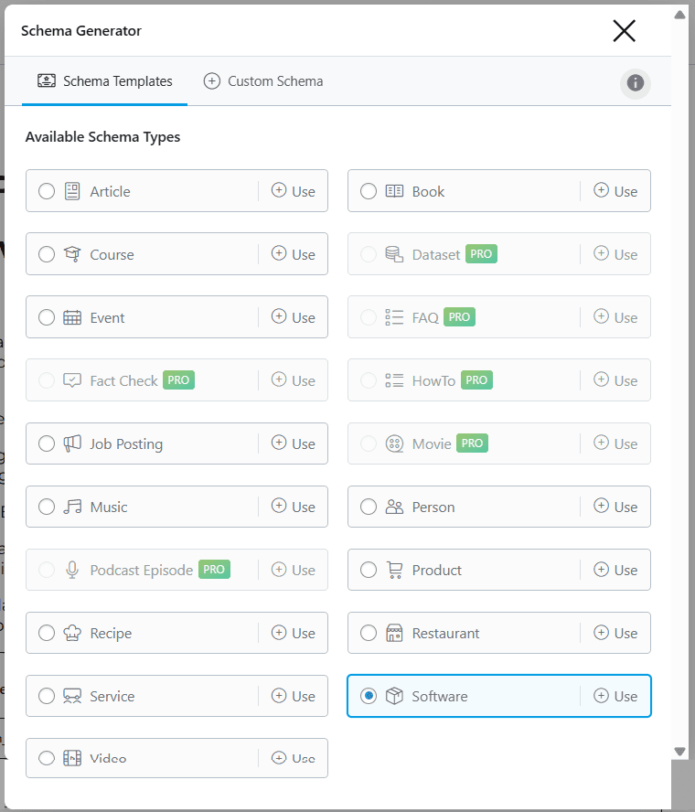 Rank Math Schema Generator popup displaying available schema types including Article, Book, Course, and Software.