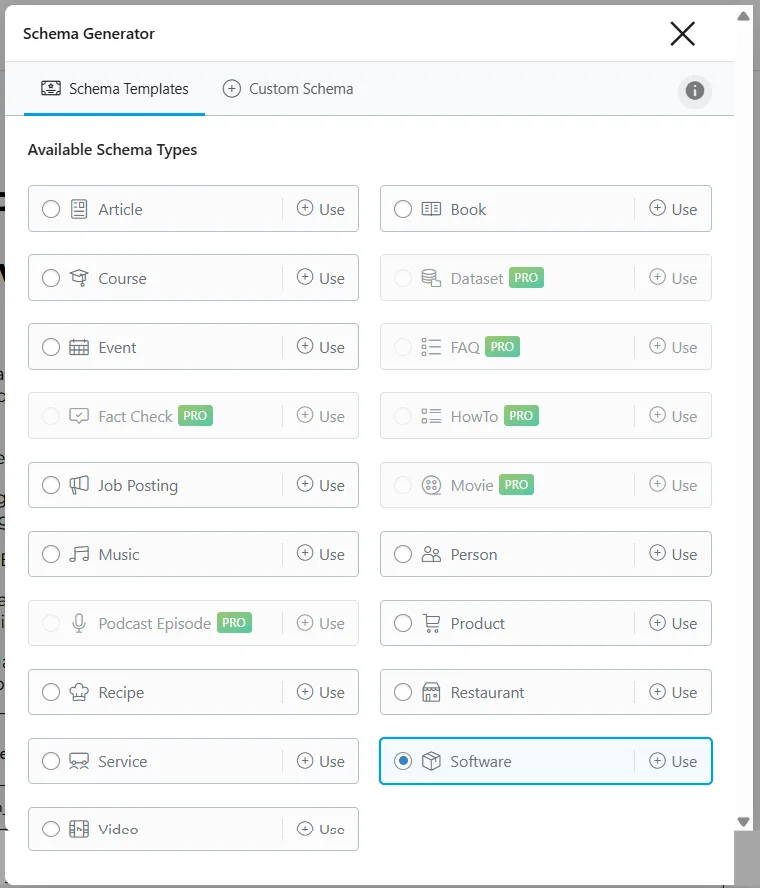 rank math seo schema generator templates Rank Math Schema Generator popup displaying available schema types including Article, Book, Course, and Software.