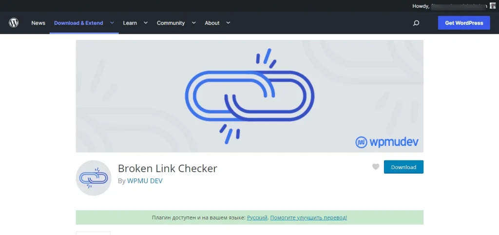 Broken Link Checker plugin page on WordPress.org featuring a blue broken link icon and WPMU DEV branding.