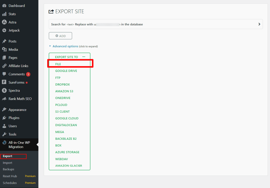 All-in-One WP Migration and Backup export options showing various cloud storage and file transfer destinations.