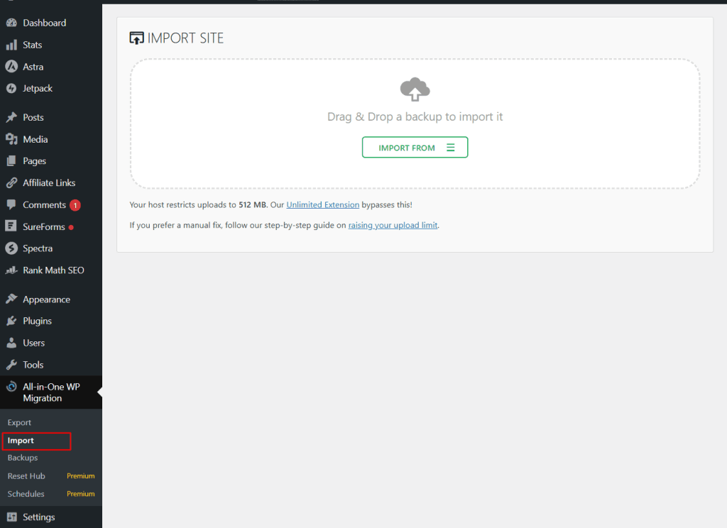 All-in-One WP Migration and Backup import screen showing a drag and drop area for backups and a note regarding a 512 MB upload limit.