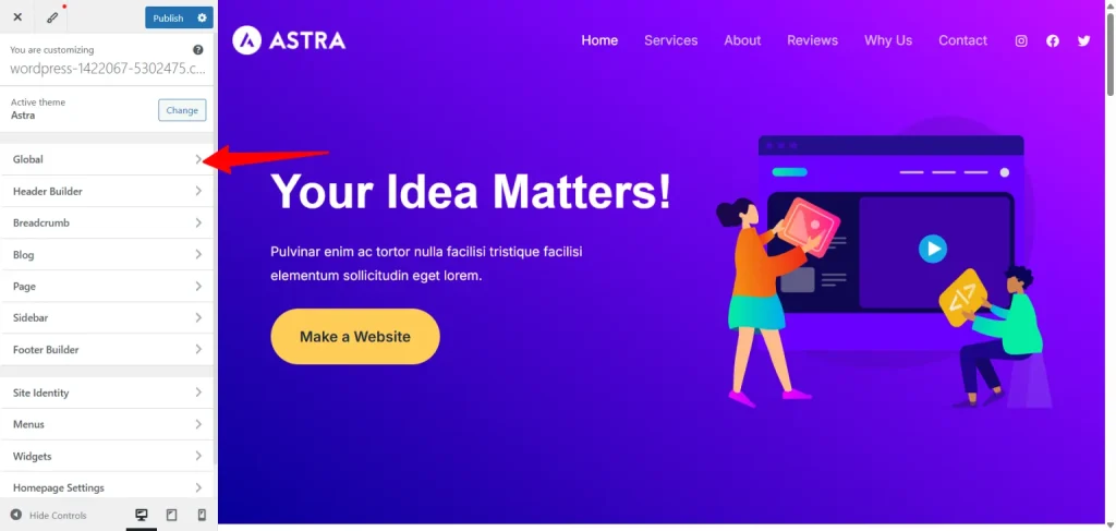 Astra theme WordPress customizer showing the Global settings option highlighted with a red arrow.