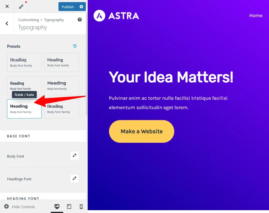 Astra theme Typography customizer showing preset font pair options with a tooltip revealing the Rubik and Karla font combination.