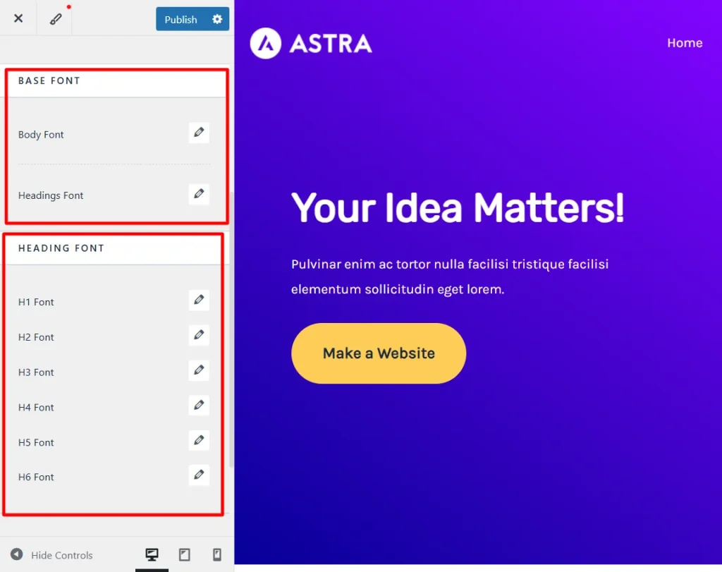 Astra theme typography settings showing Base Font and Heading Font options for individually customizing H1 through H6 font styles.