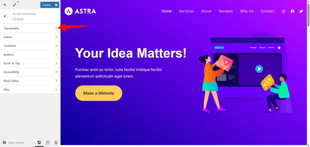 Astra theme Global settings panel with Typography option highlighted by a red arrow.