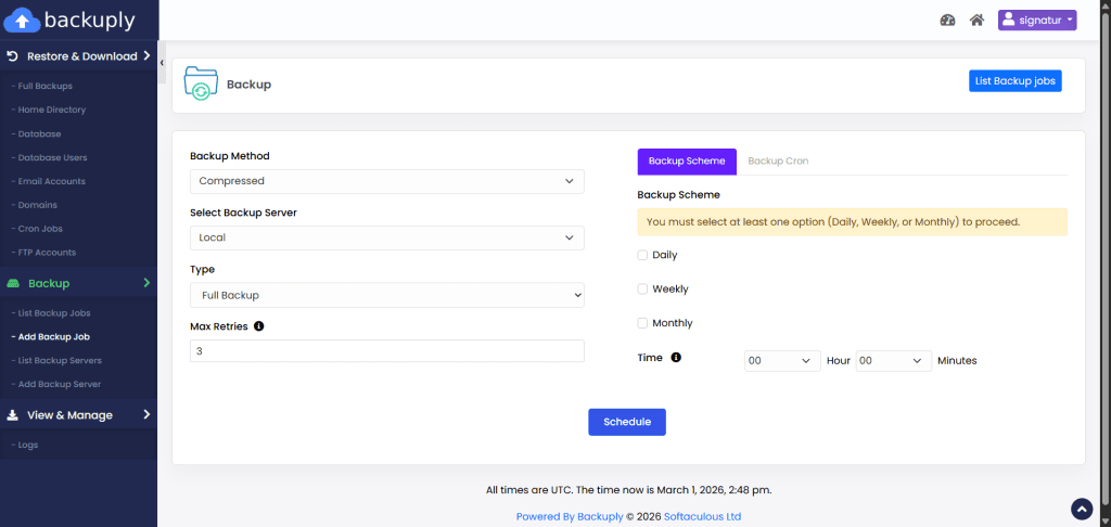 backuply automated backup configuration Backuply dashboard interface showing configuration options for backup method, server, type, retry count, and scheduling scheme.