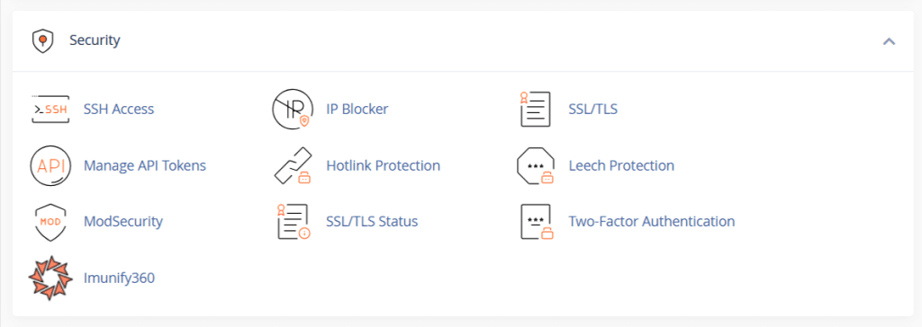 cPanel interface security tools menu displaying icons for SSH Access, IP Blocker, SSL/TLS, API Tokens, Hotlink Protection, Leech Protection, ModSecurity, and Two-Factor Authentication.