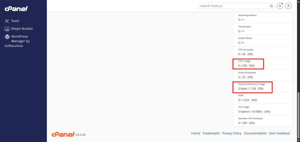 cpanel server resource usage metrics dashboard cPanel sidebar showing server metrics including CPU usage and physical memory usage.
