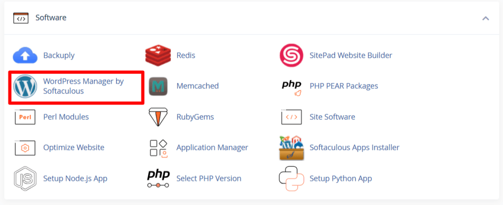 cPanel software menu highlighting the WordPress Manager by Softaculous icon.