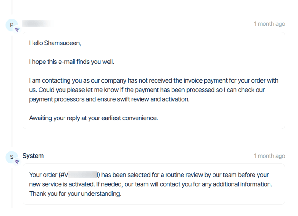 Customer support email conversation showing invoice payment follow-up message and order review notification before service activation.